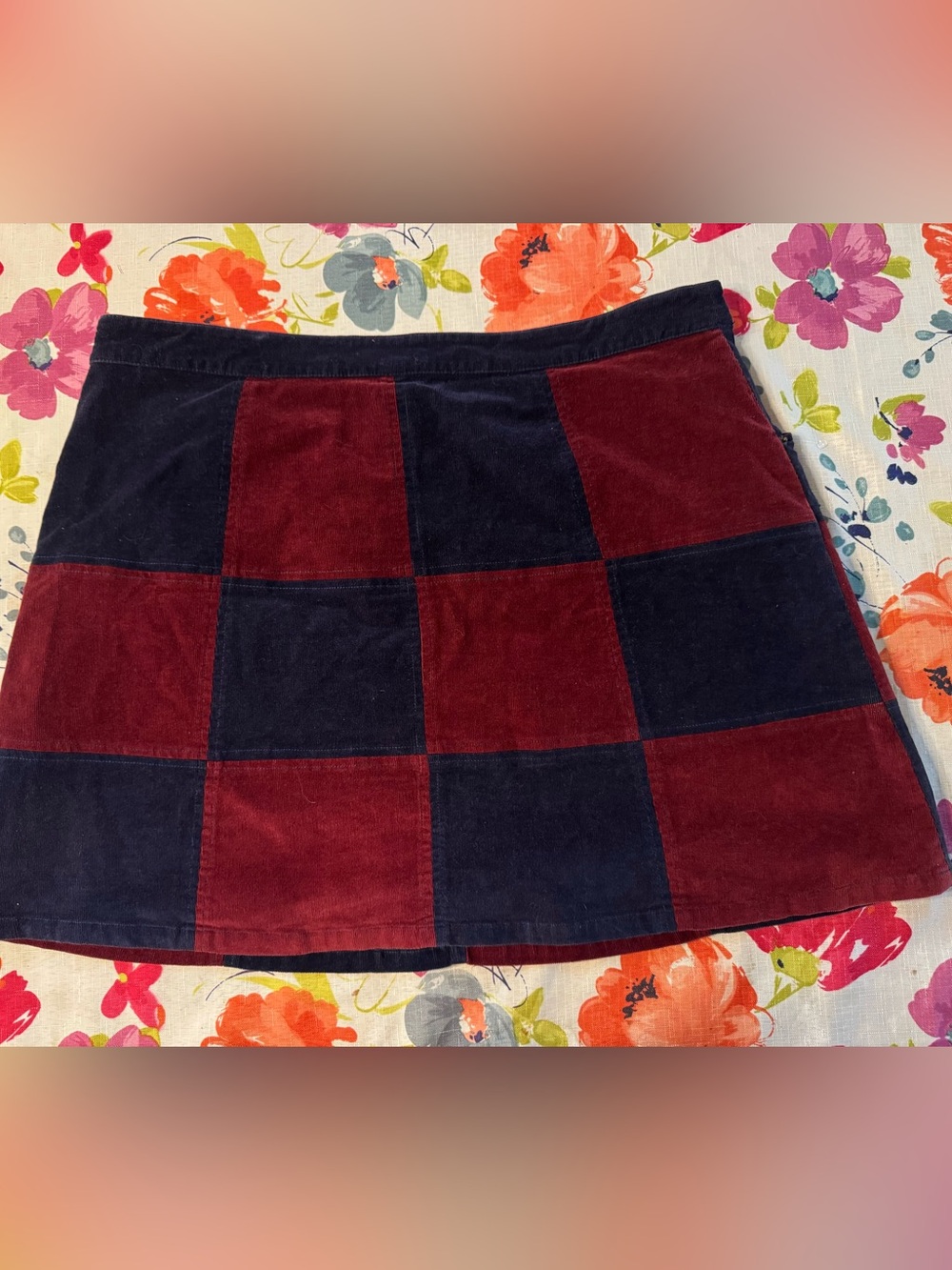 ModCloth Patchwork Corduroy Mini Skirt Burgundy Navy Colorblock XL Retro C3 - Picture 6 of 10
